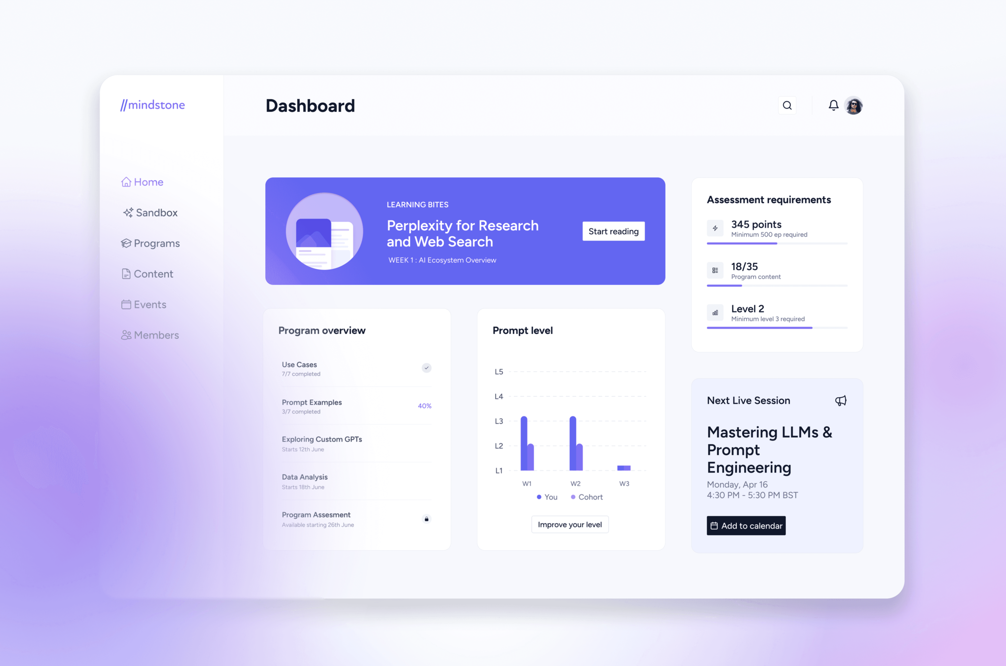 Screenshot of the main dashboard front center with gradients