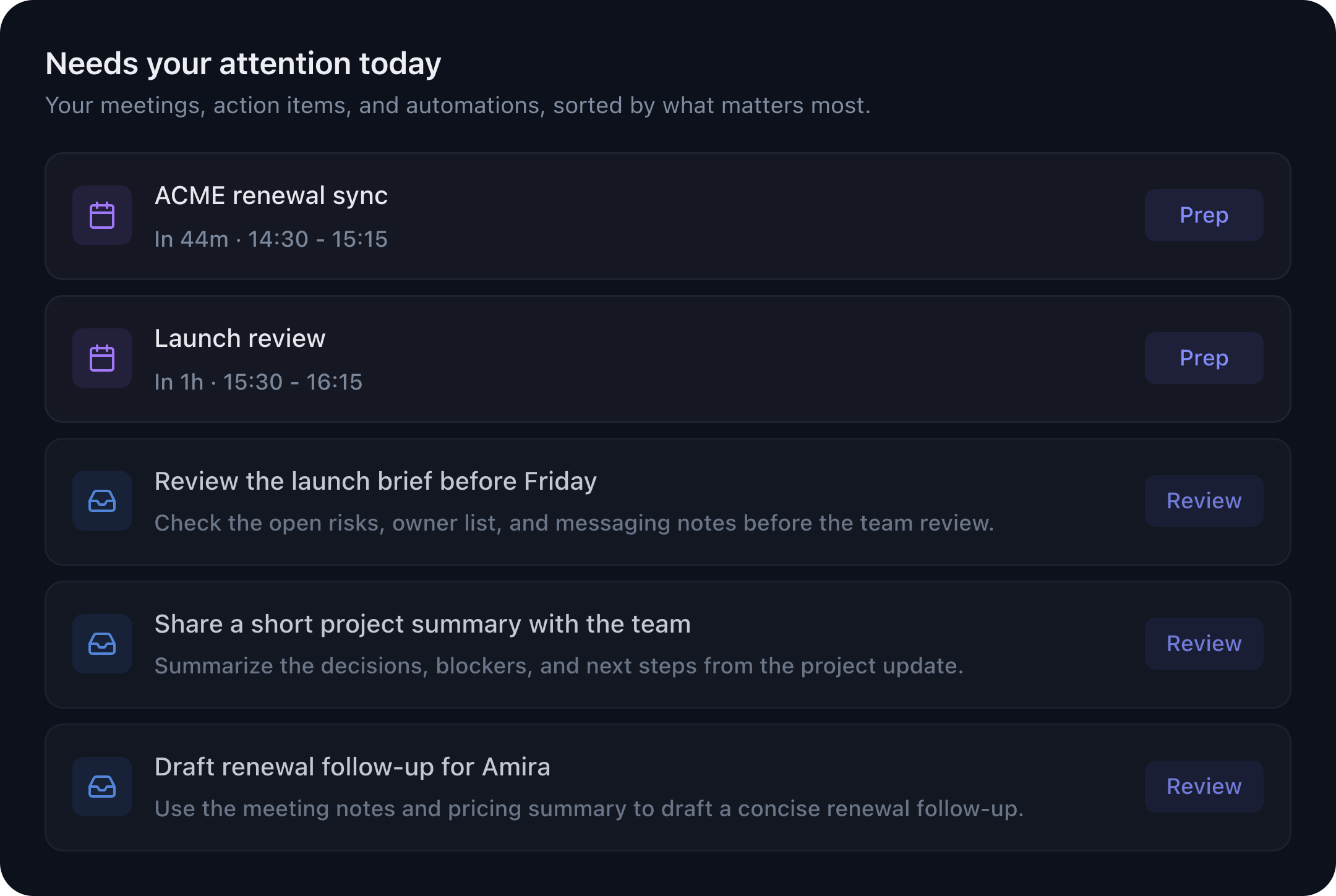 Rebel home screen showing a list of prepared Actions: a drafted renewal follow-up, a launch brief review and a project summary ready to share.